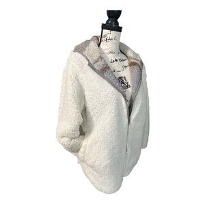 Reversible Teddy Sherpa Jacket  L White Fleece & Gray Plaid Zip-Up Hooded Coat